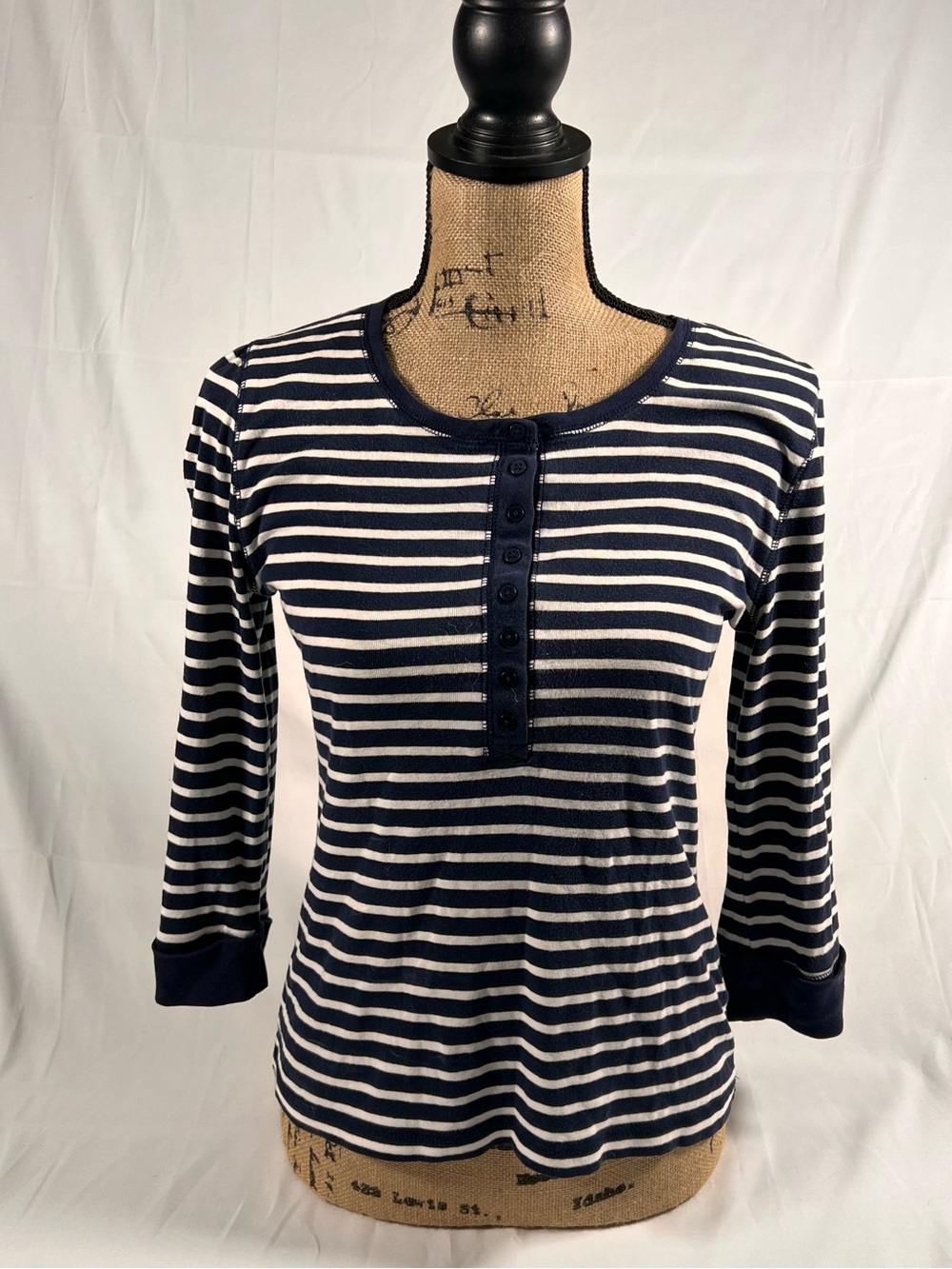 Laura Scott Navy and White Striped Henley Top